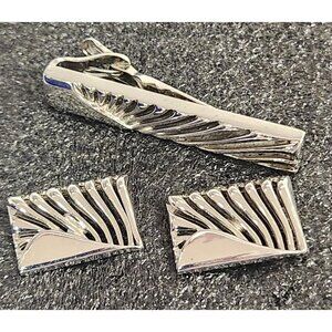 Vintage Swank Silver Tone Cufflinks Tie Tack Set Sunray Angel Wing Design Gift